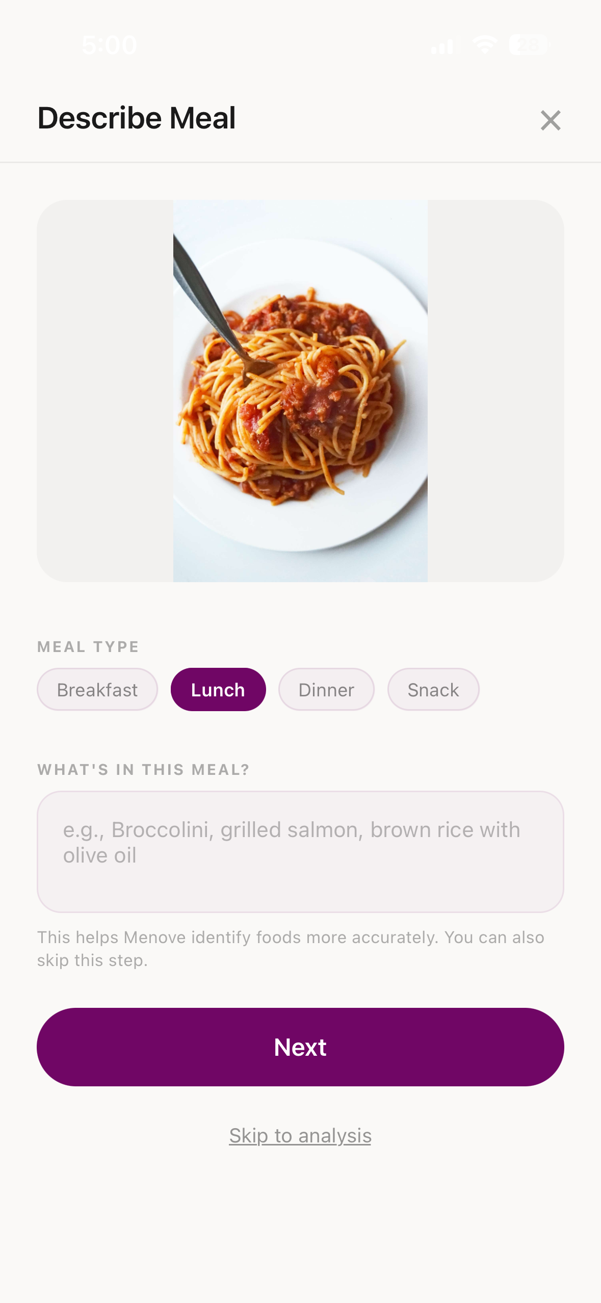 Meal logging with photo and AI-assisted analysis