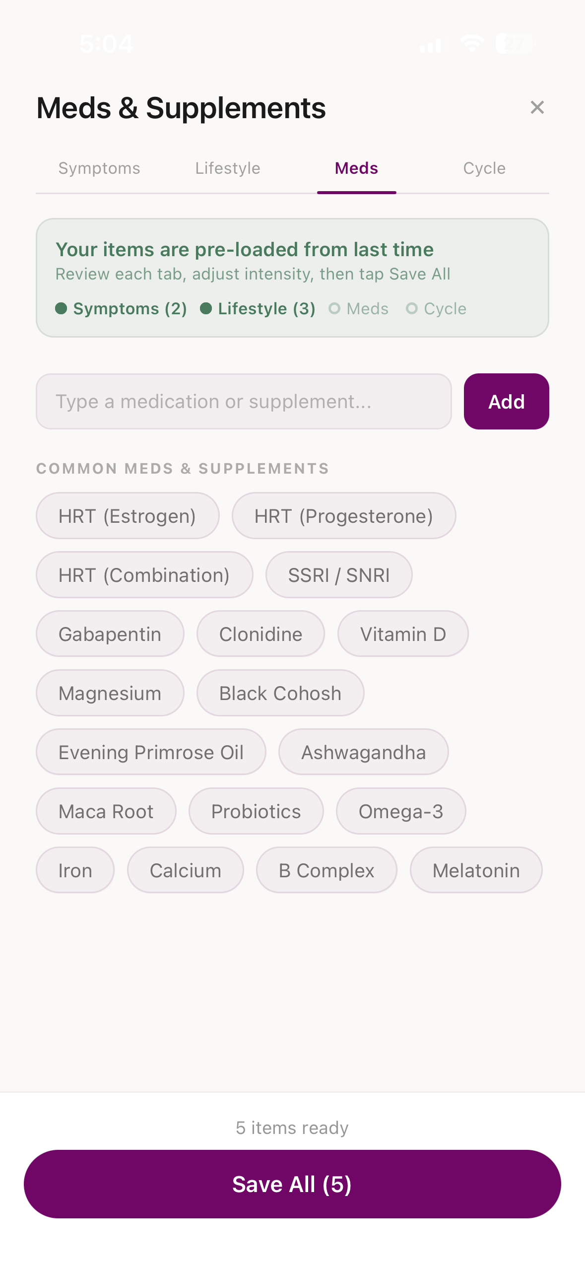 Meds and supplements logging with common presets